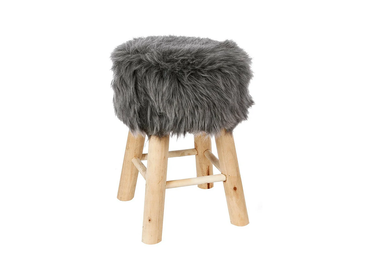 Tabouret en Bois et Fourrure synthétique H 42 cm coloris Gris