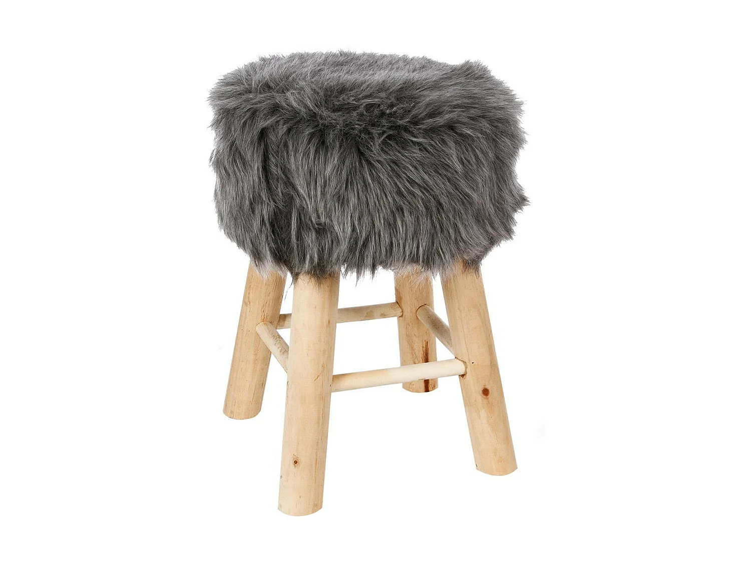 Tabouret en Bois et Fourrure synthétique H 42 cm coloris Gris