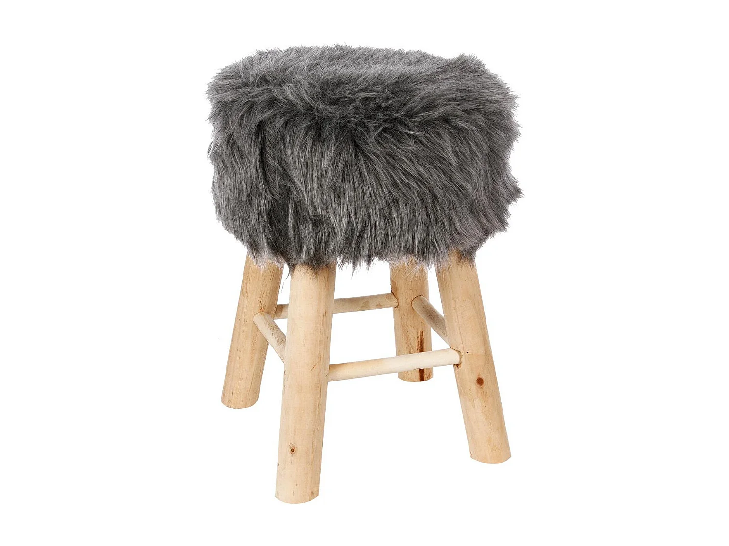 Tabouret en Bois et Fourrure synthétique H 42 cm coloris Gris