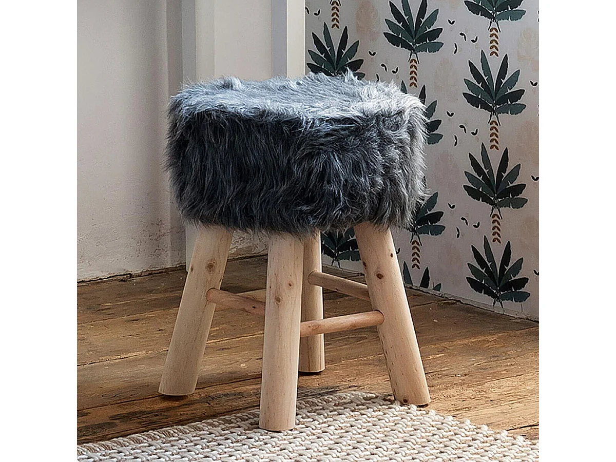 Tabouret en Bois et Fourrure synthétique H 42 cm coloris Gris