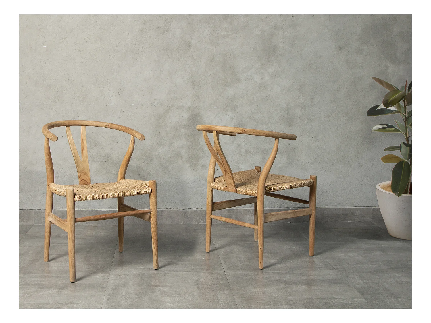 Stuhl 2er-Set - Teakholz & Strohgeflecht - Naturfarben - POGIANA