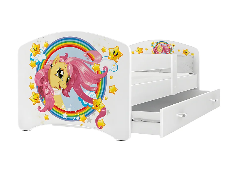 Lit Enfant Happy 80x160 Pony Blanc Livré avec sommiers, tiroir et matelas en mousse de 7cm