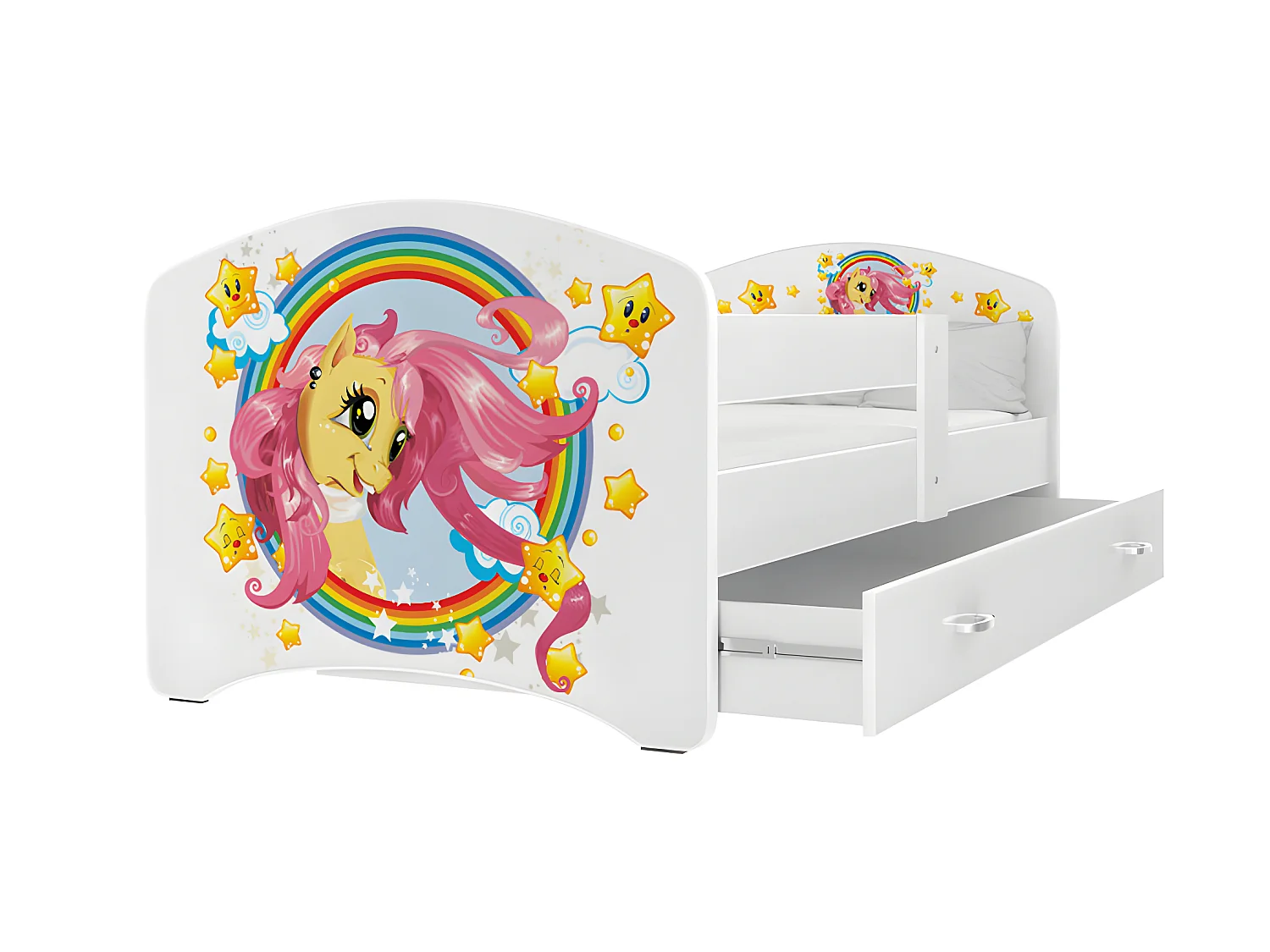Lit Enfant Happy 80x160 Pony Blanc Livré avec sommiers, tiroir et matelas en mousse de 7cm