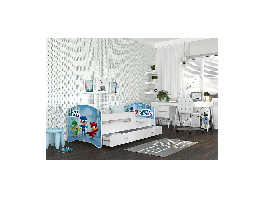 Lit Enfant Happy 80x160 Pyjamasques Blanc Livré avec sommiers, tiroir et matelas en mousse de 7cm