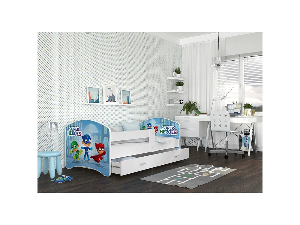 Lit Enfant Happy 80x160 Pyjamasques Blanc Livré avec sommiers, tiroir et matelas en mousse de 7cm