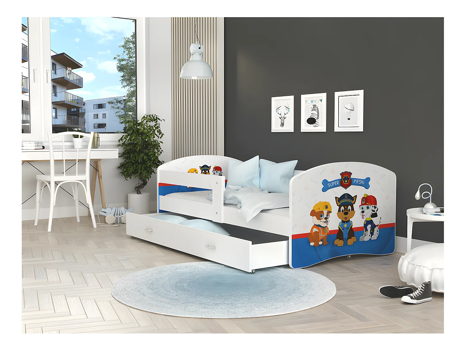 Lit Enfant Happy 80x160 Pat Patrouille Blanc Livré avec sommiers, tiroir et matelas en mousse de 7cm