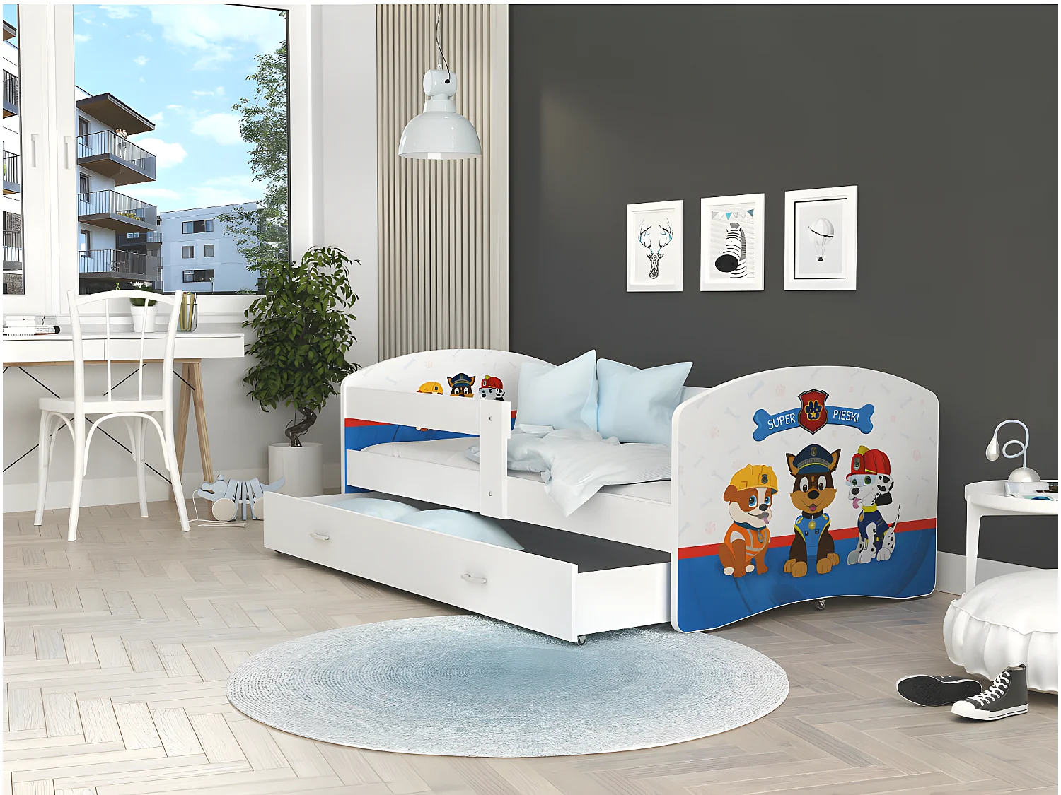 Lit Enfant Happy 80x160 Pat Patrouille Blanc Livré avec sommiers, tiroir et matelas en mousse de 7cm