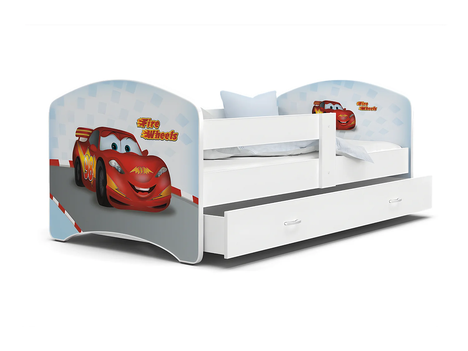 Lit Enfant Happy 80x160 Cars Blanc Livré avec sommiers, tiroir et matelas en mousse de 7cm