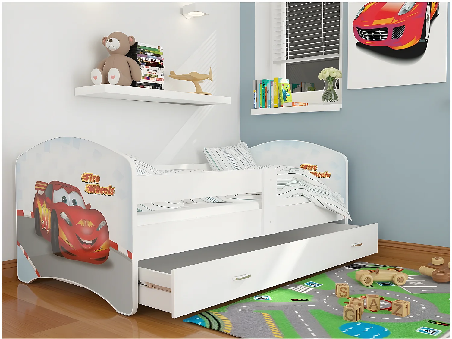 Lit Enfant Happy 80x160 Cars Blanc Livré avec sommiers, tiroir et matelas en mousse de 7cm