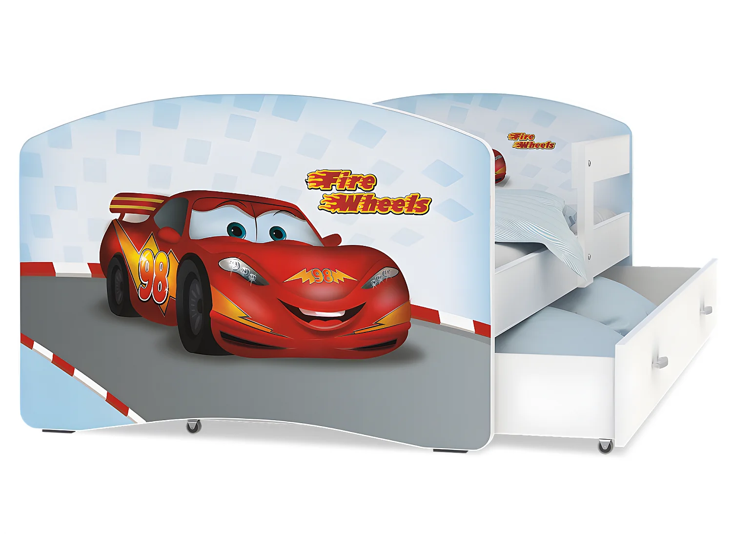 Lit Enfant Happy 80x160 Cars Blanc Livré avec sommiers, tiroir et matelas en mousse de 7cm