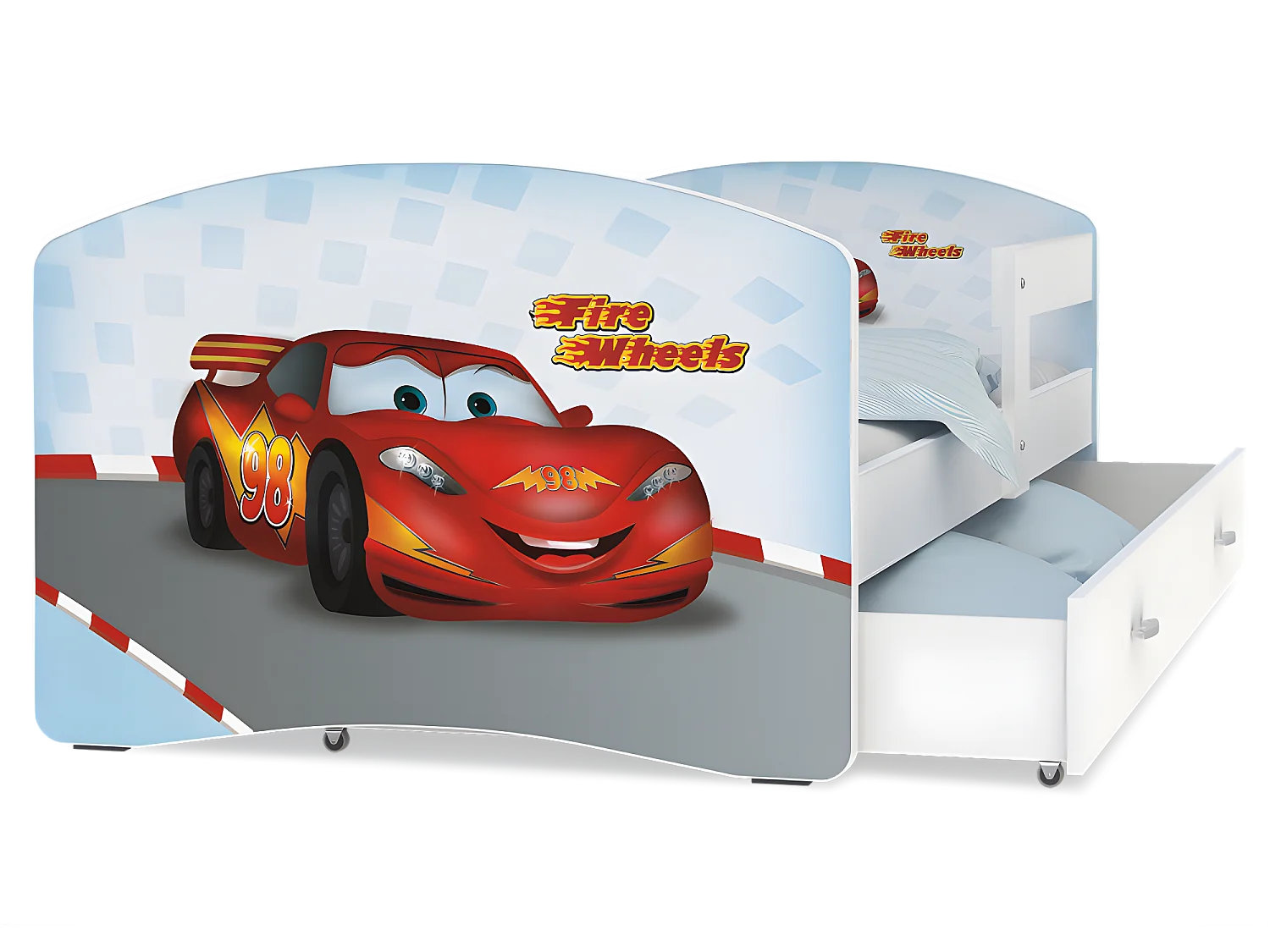 Lit Enfant Happy 80x160 Cars Blanc Livré avec sommiers, tiroir et matelas en mousse de 7cm