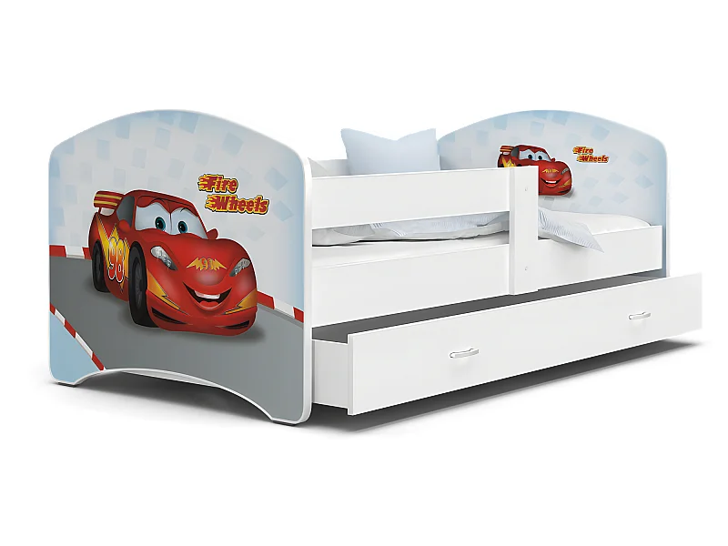 Lit Enfant Happy 80x160 Cars Blanc Livré avec sommiers, tiroir et matelas en mousse de 7cm