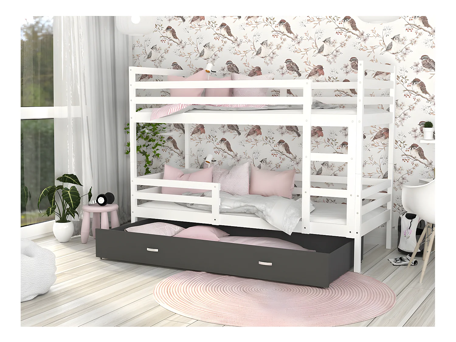 Lit Superposé Milo 90x190 Blanc - gris Livré avec sommiers, tiroir et matelas en mousse de 7cm