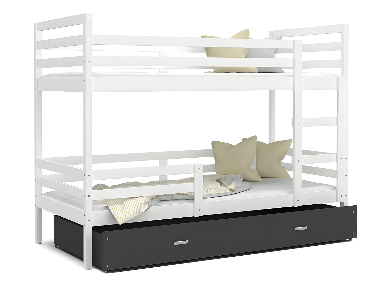 Lit Superposé Milo 90x190 Blanc - gris Livré avec sommiers, tiroir et matelas en mousse de 7cm