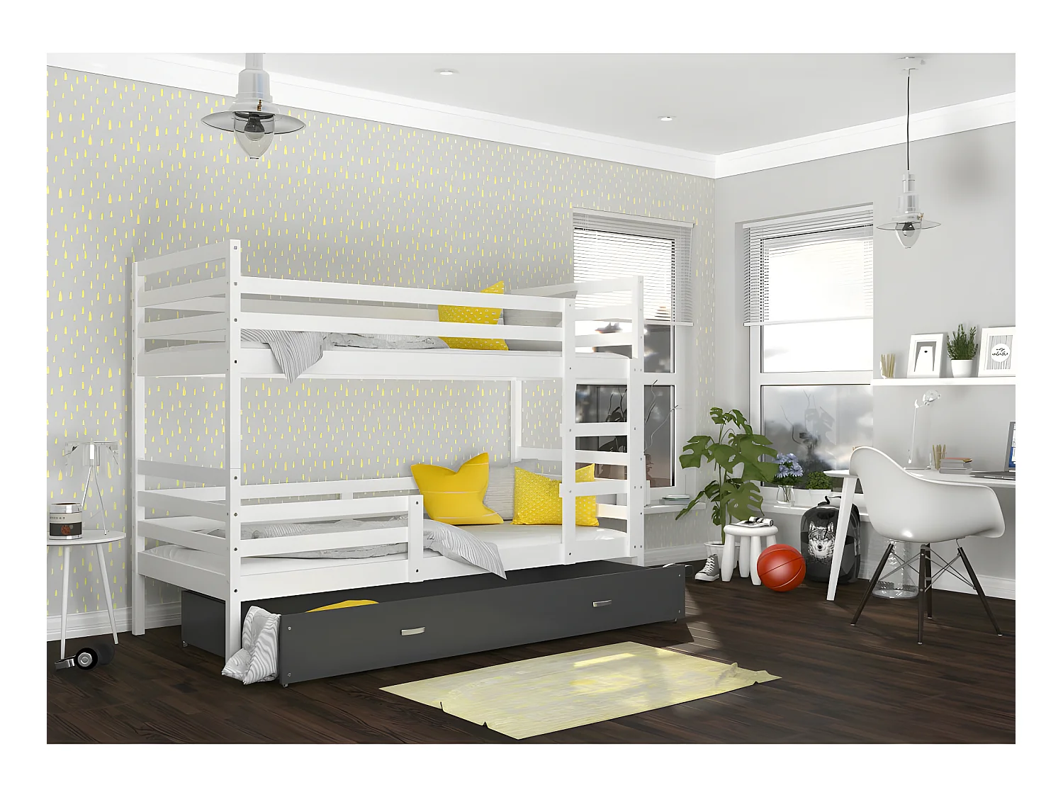 Lit Superposé Milo 90x190 Blanc - gris Livré avec sommiers, tiroir et matelas en mousse de 7cm