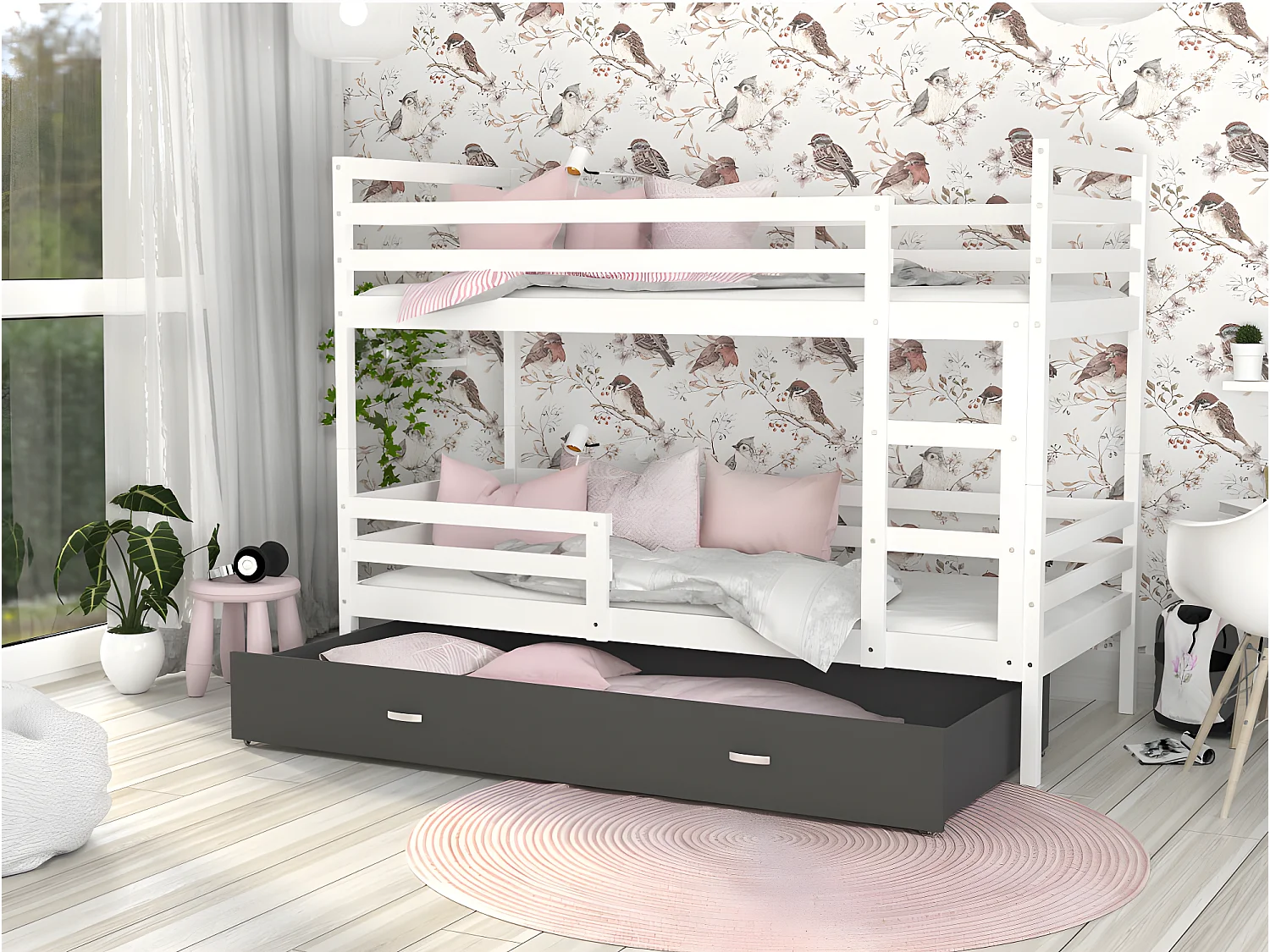 Lit Superposé Milo 90x190 Blanc - gris Livré avec sommiers, tiroir et matelas en mousse de 7cm