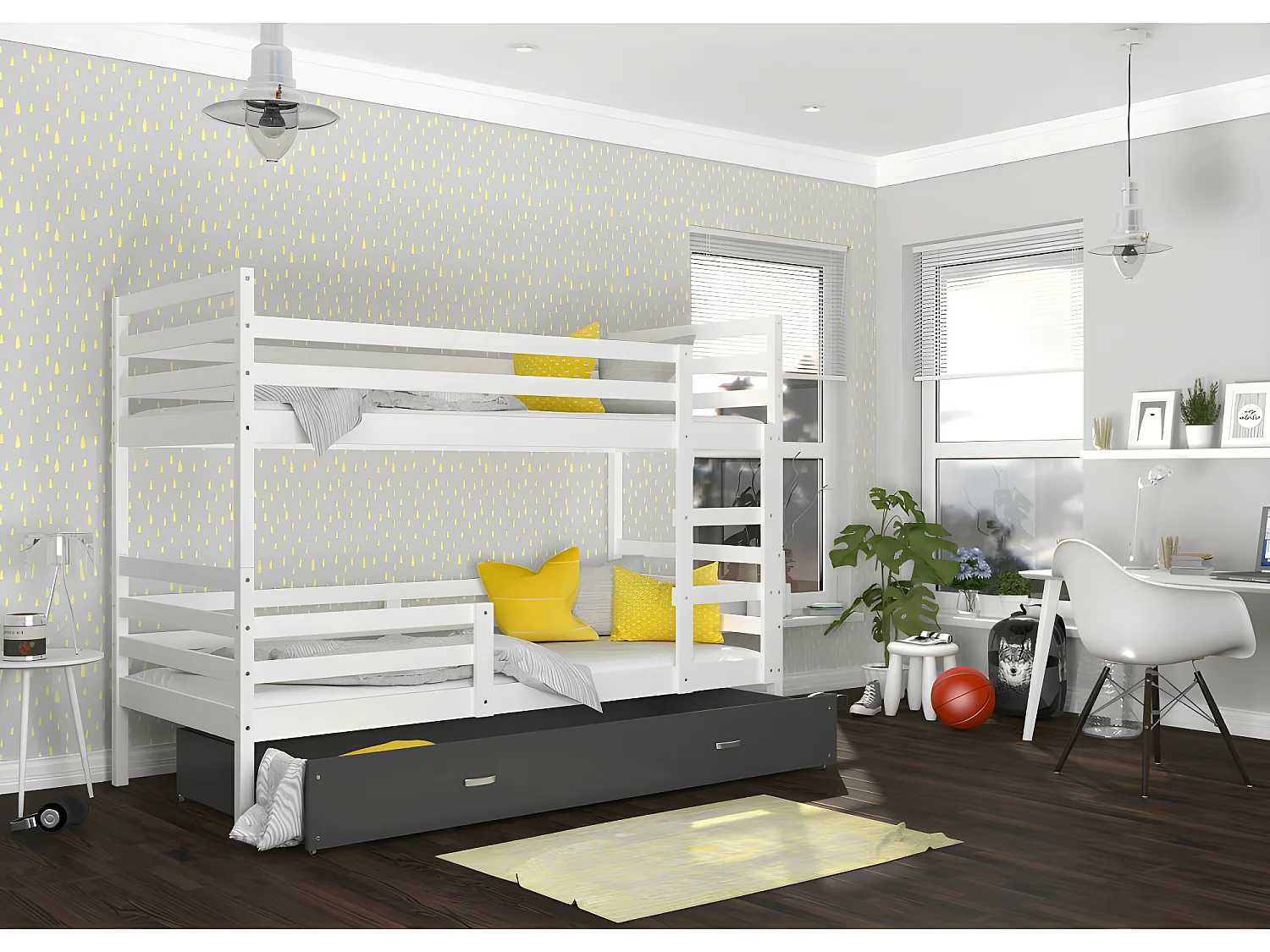 Lit Superposé Milo 90x190 Blanc - gris Livré avec sommiers, tiroir et matelas en mousse de 7cm