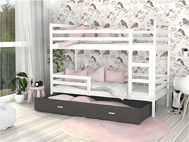 Lit Superposé Milo 90x190 Blanc - gris Livré avec sommiers, tiroir et matelas en mousse de 7cm