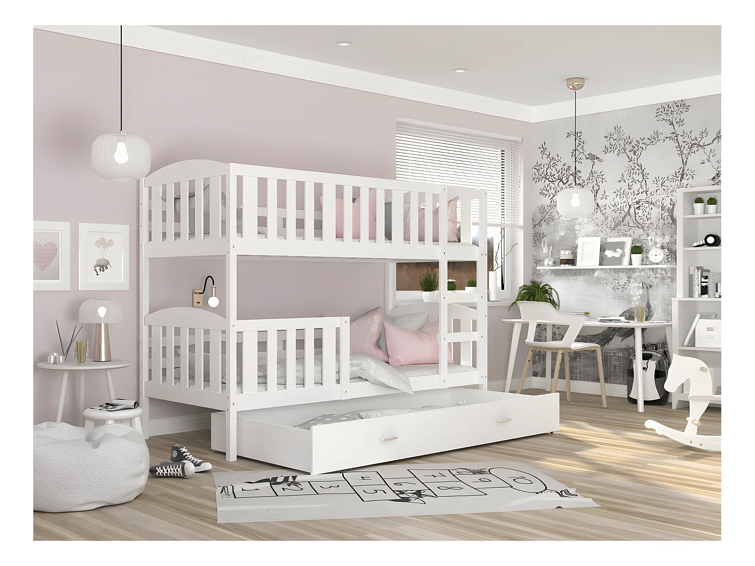 Lit Superposé Teo 90x190 Blanc - blanc Livré avec sommiers, tiroir et matelas en mousse de 7cm