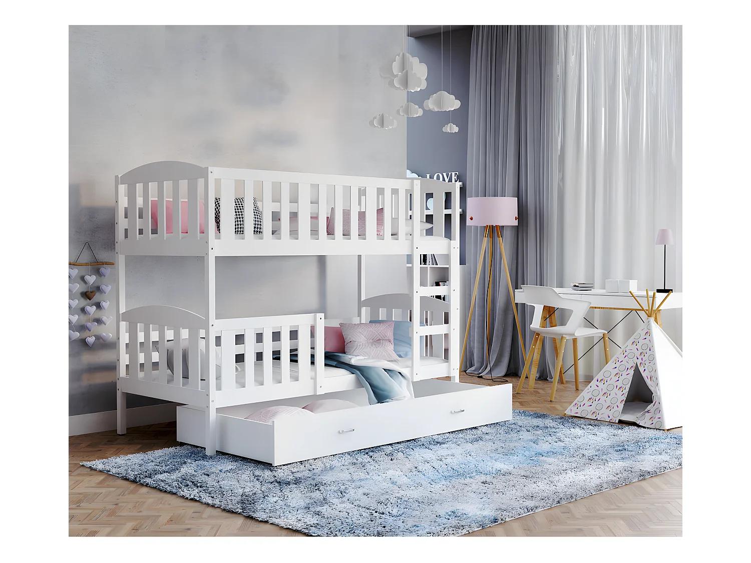 Lit Superposé Teo 90x190 Blanc - blanc Livré avec sommiers, tiroir et matelas en mousse de 7cm