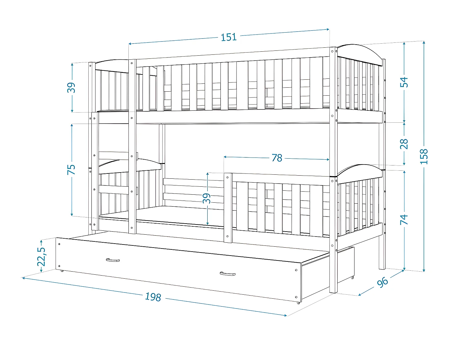 Lit Superposé Teo 90x190 Blanc - blanc Livré avec sommiers, tiroir et matelas en mousse de 7cm