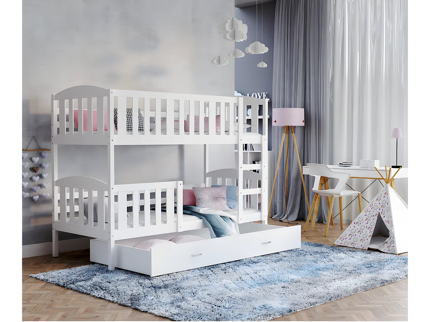 Lit Superposé Teo 90x190 Blanc - blanc Livré avec sommiers, tiroir et matelas en mousse de 7cm