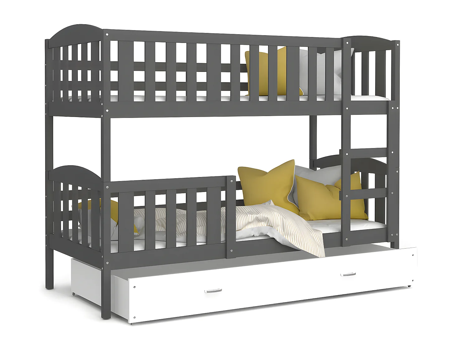 Lit Superposé Teo 90x190 Gris - blanc Livré avec sommiers, tiroir et matelas en mousse de 7cm