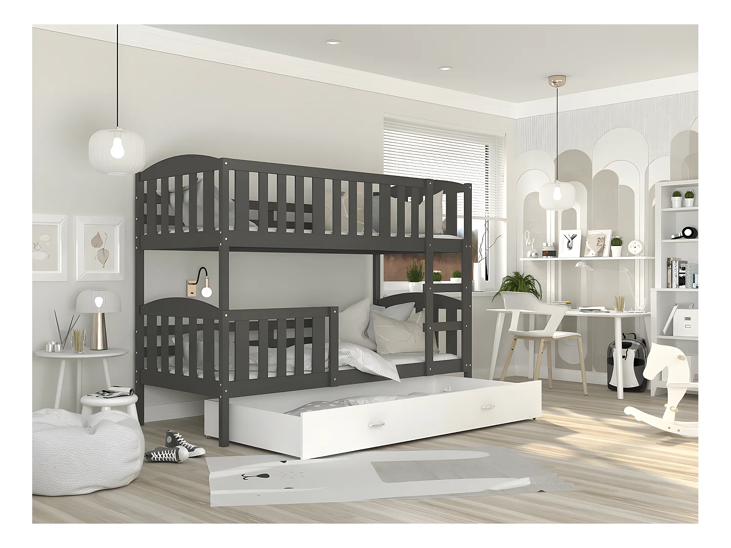 Lit Superposé Teo 90x190 Gris - blanc Livré avec sommiers, tiroir et matelas en mousse de 7cm