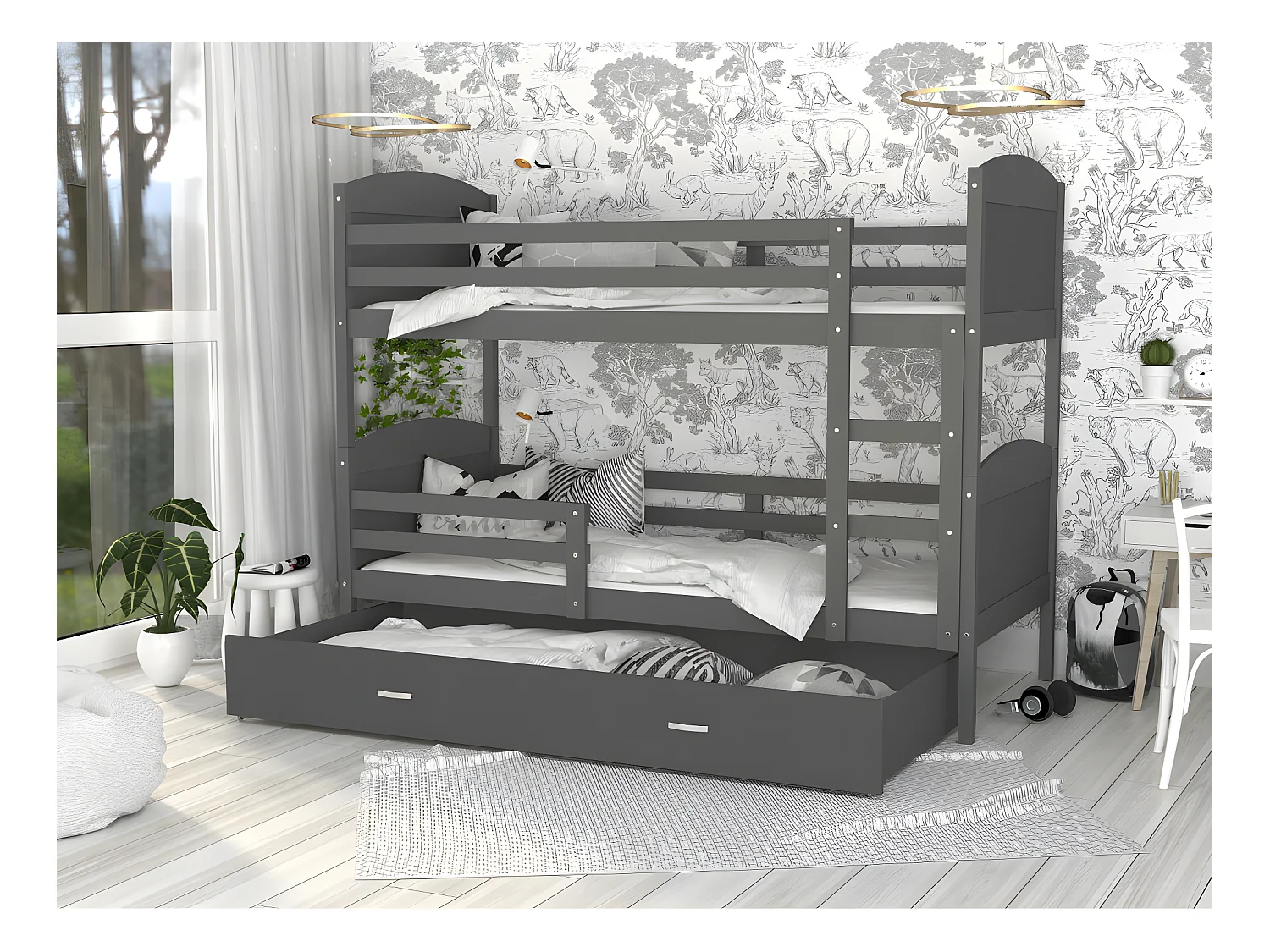 Lit Superposé Mateo 90x190 Gris - gris Livré avec sommiers, tiroir et matelas en mousse de 7cm