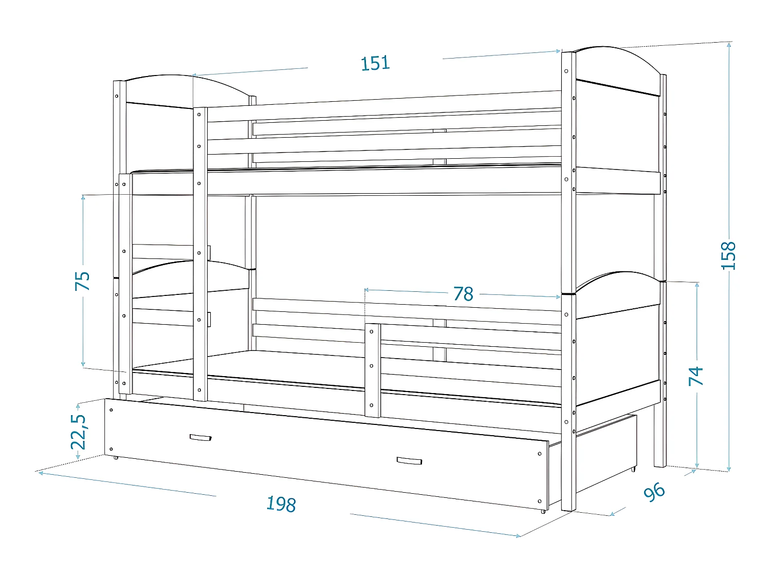 Lit Superposé Mateo 90x190 Gris - gris Livré avec sommiers, tiroir et matelas en mousse de 7cm