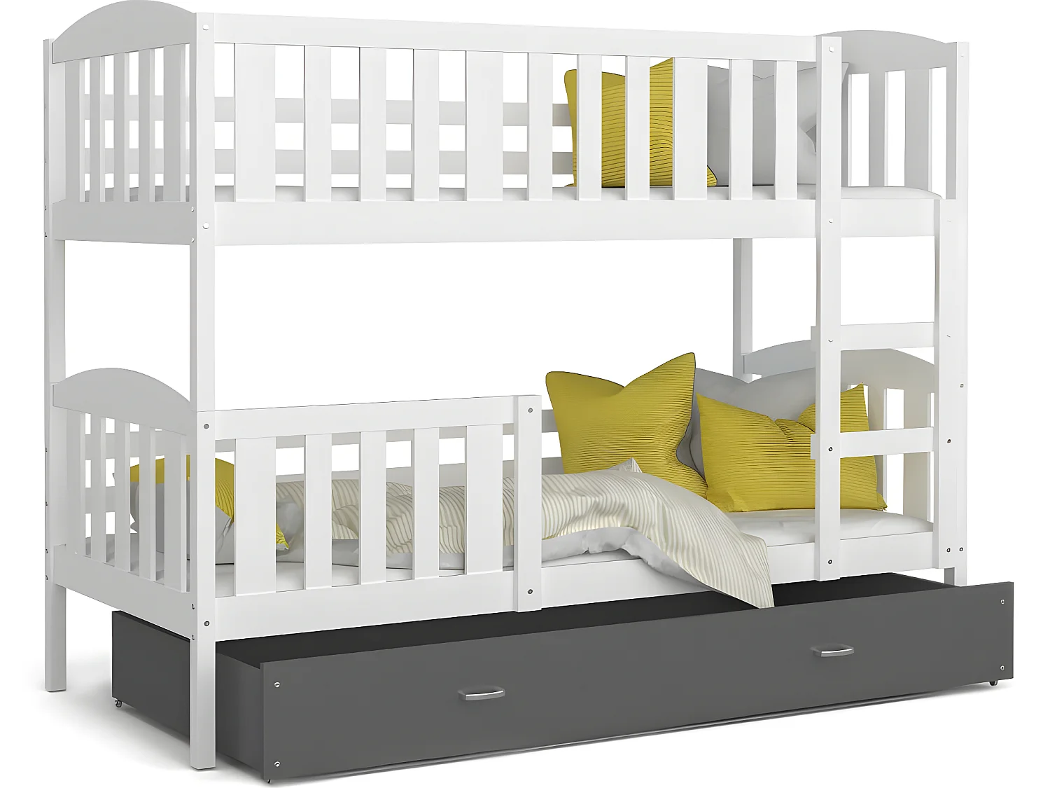 Lit Superposé Teo 90x190 Blanc - gris Livré avec sommiers, tiroir et matelas en mousse de 7cm