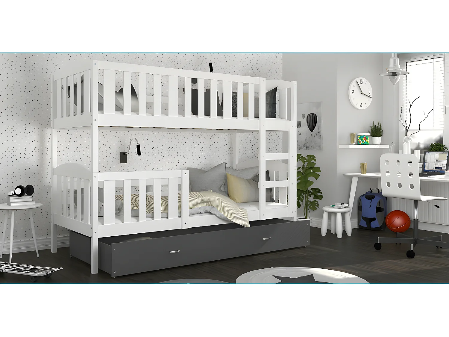 Lit Superposé Teo 90x190 Blanc - gris Livré avec sommiers, tiroir et matelas en mousse de 7cm