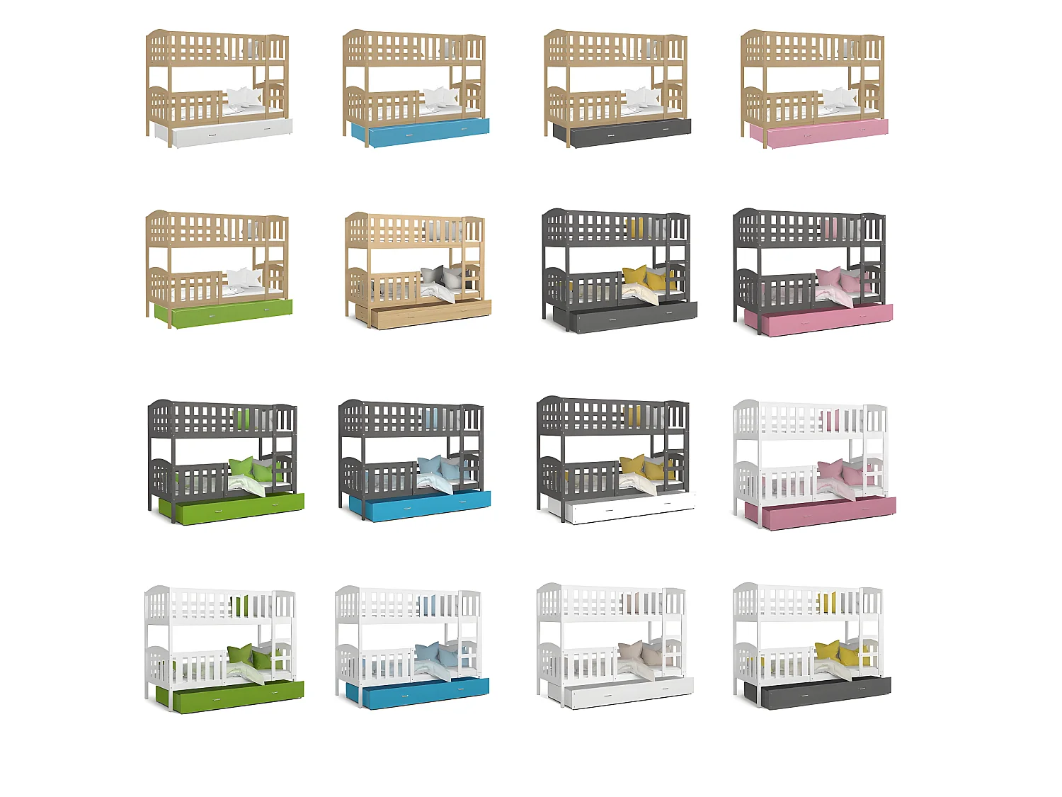 Lit Superposé Teo 90x190 Blanc - gris Livré avec sommiers, tiroir et matelas en mousse de 7cm