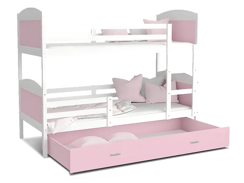 Lit Superposé Mateo 90x190 Blanc - rose Livré avec sommiers, tiroir et matelas en mousse de 7cm