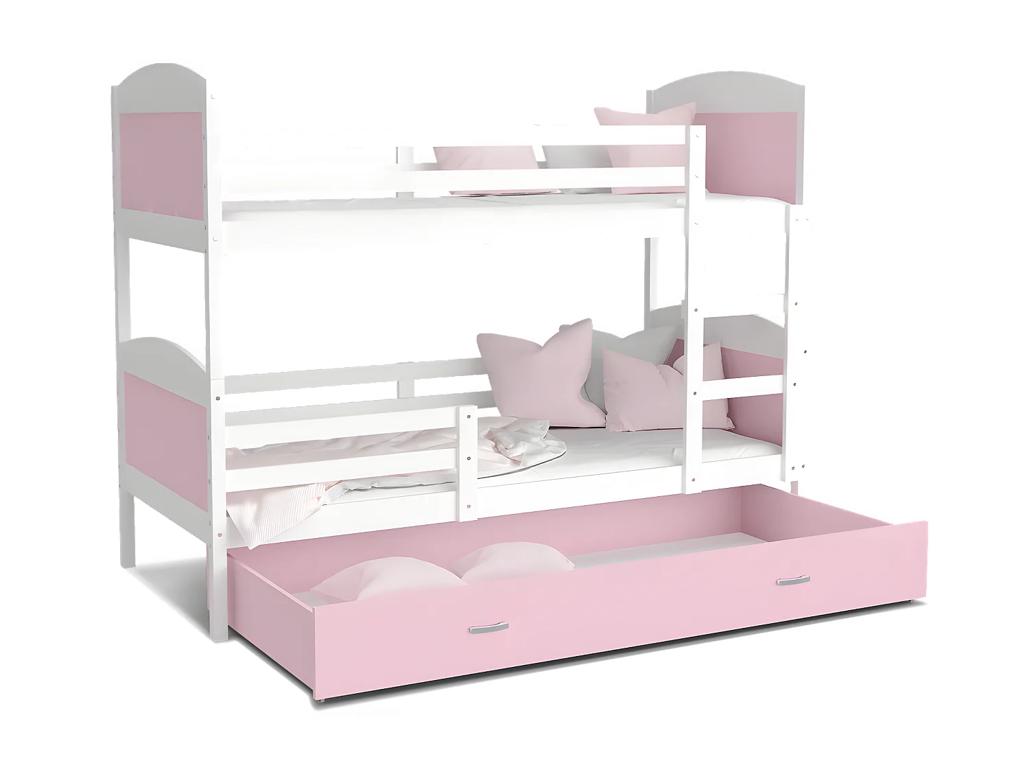 Lit Superposé Mateo 90x190 Blanc - rose Livré avec sommiers, tiroir et matelas en mousse de 7cm