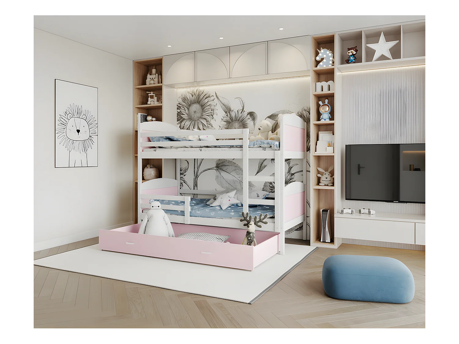 Lit Superposé Mateo 90x190 Blanc - rose Livré avec sommiers, tiroir et matelas en mousse de 7cm