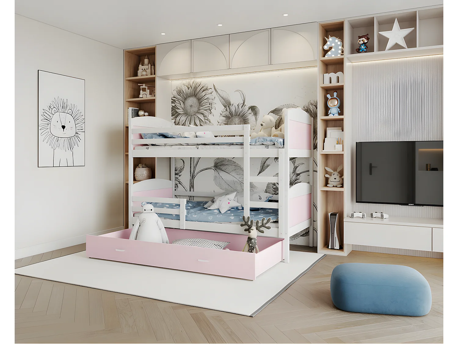 Lit Superposé Mateo 90x190 Blanc - rose Livré avec sommiers, tiroir et matelas en mousse de 7cm