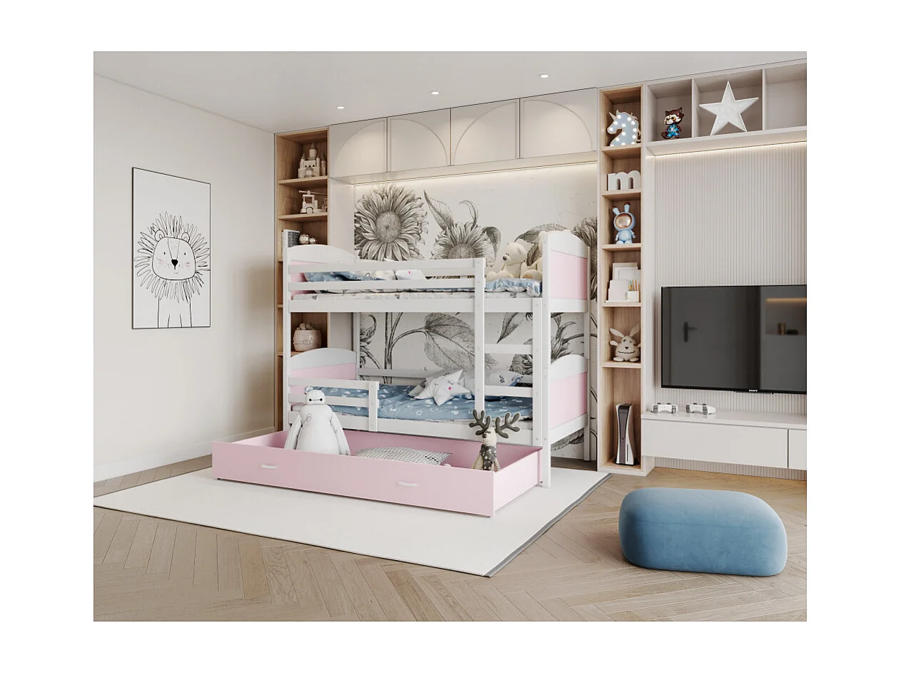 Lit Superposé Mateo 90x190 tiroir + Matelas Blanc - rose