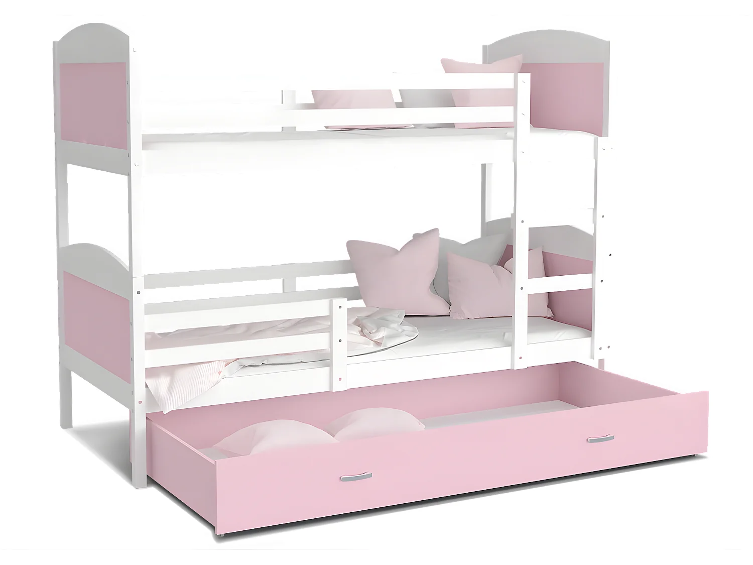 Lit Superposé Mateo 90x190 Blanc - rose Livré avec sommiers, tiroir et matelas en mousse de 7cm