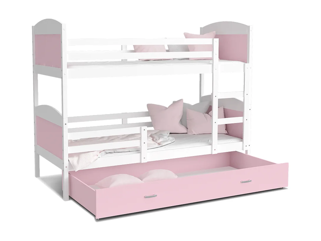Lit Superposé Mateo 90x190 tiroir + Matelas Blanc - rose