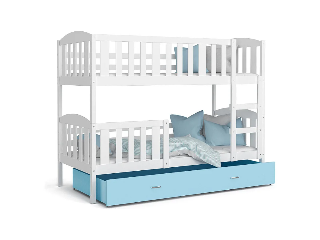 Lit Superposé Teo 90x190 Blanc - bleu Livré avec sommiers, tiroir et matelas en mousse de 7cm