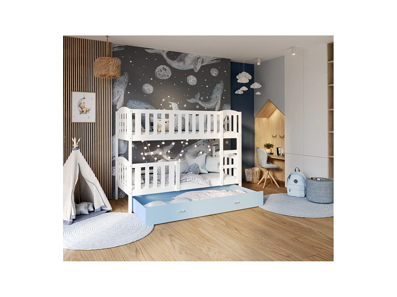 Lit Superposé Teo 90x190 Blanc - bleu Livré avec sommiers, tiroir et matelas en mousse de 7cm