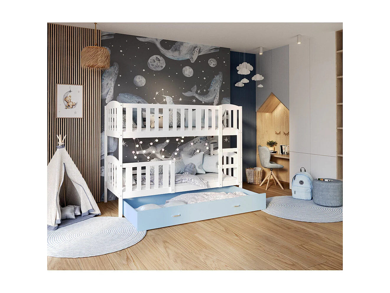 Lit Superposé Teo 90x190 Blanc - bleu Livré avec sommiers, tiroir et matelas en mousse de 7cm