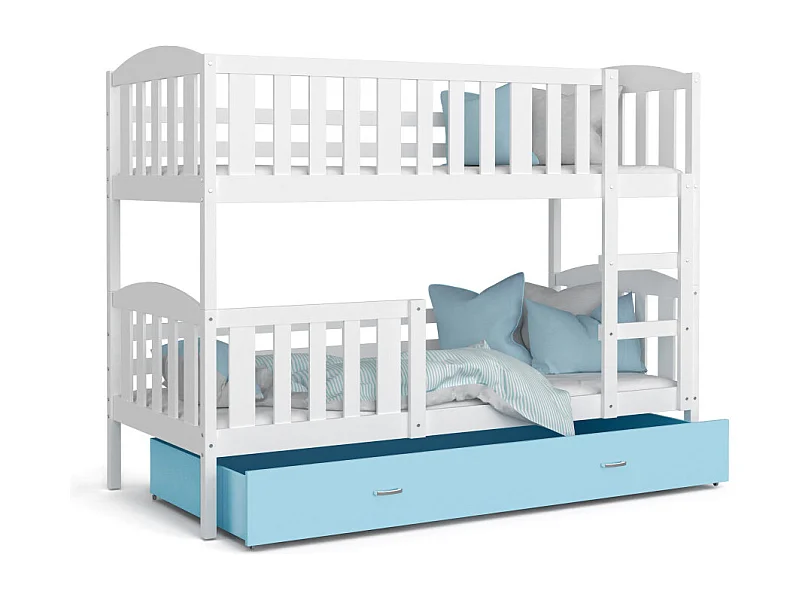 Lit Superposé Teo 90x190 Blanc - bleu Livré avec sommiers, tiroir et matelas en mousse de 7cm