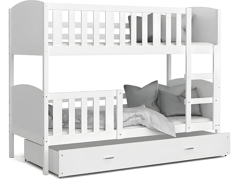 Lit Superposé Tomy 90x200  Blanc - blanc Livré avec sommiers, tiroir et matelas en mousse de 7cm