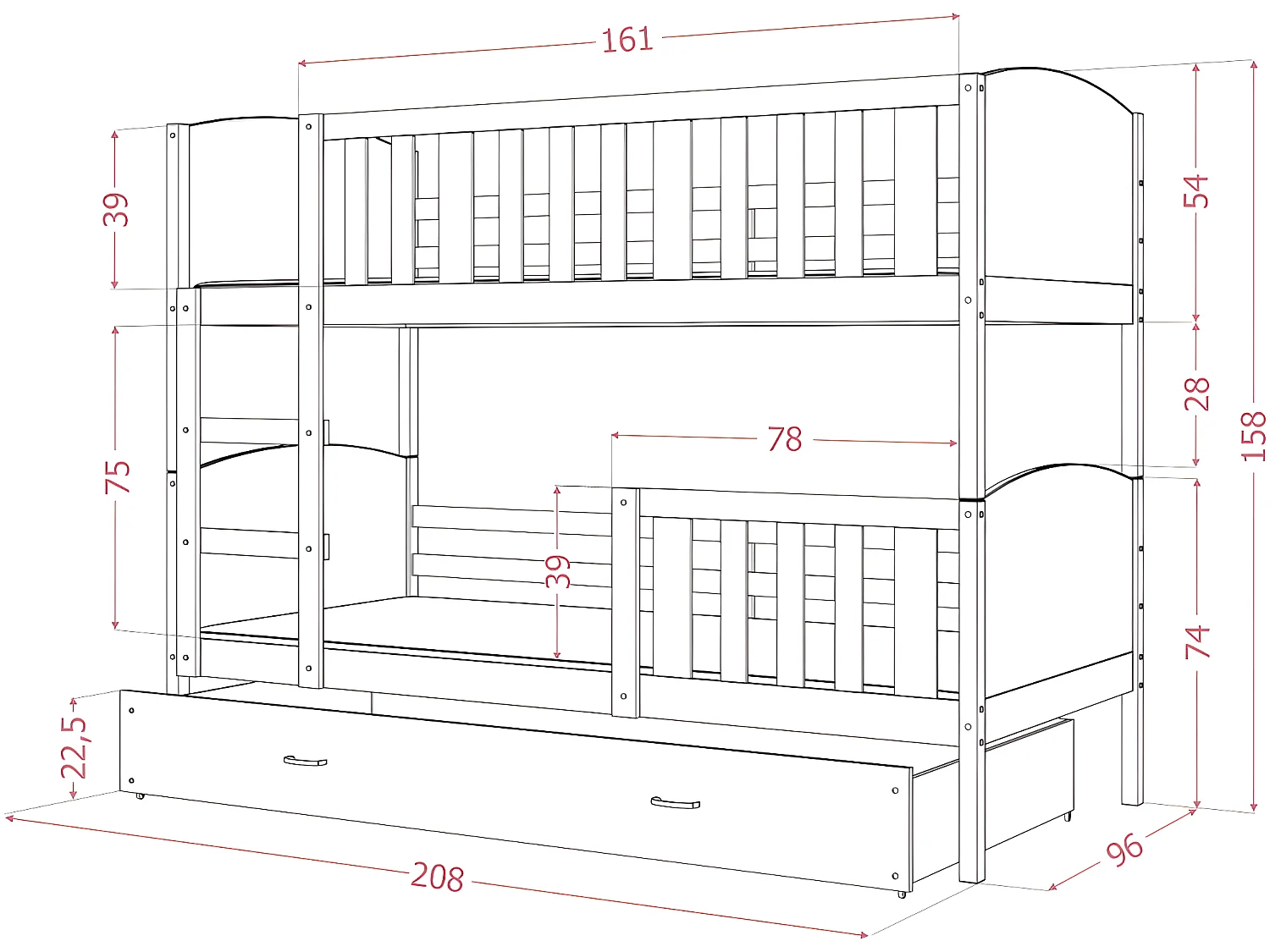 Lit Superposé Tomy 90x200  Blanc - blanc Livré avec sommiers, tiroir et matelas en mousse de 7cm