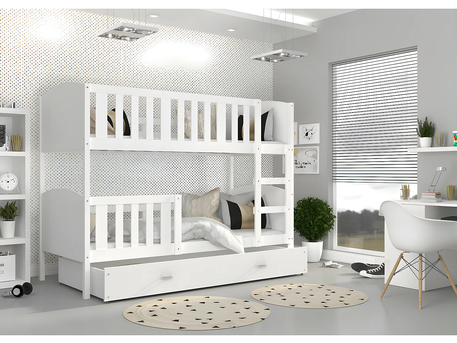 Lit Superposé Tomy 90x200  Blanc - blanc Livré avec sommiers, tiroir et matelas en mousse de 7cm