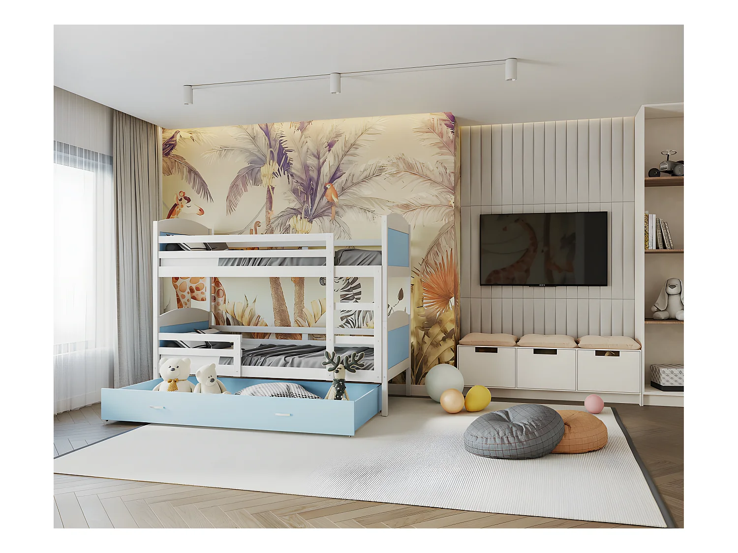 Lit Superposé Mateo 90x190 Blanc - bleu Livré avec sommiers, tiroir et matelas en mousse de 7cm