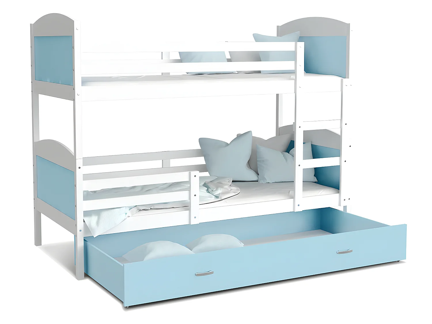 Lit Superposé Mateo 90x190 Blanc - bleu Livré avec sommiers, tiroir et matelas en mousse de 7cm