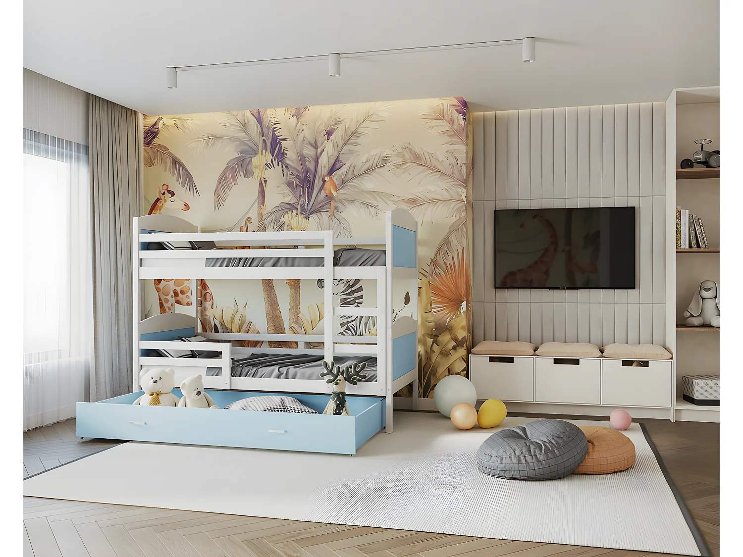 Lit Superposé Mateo 90x190 Blanc - bleu Livré avec sommiers, tiroir et matelas en mousse de 7cm